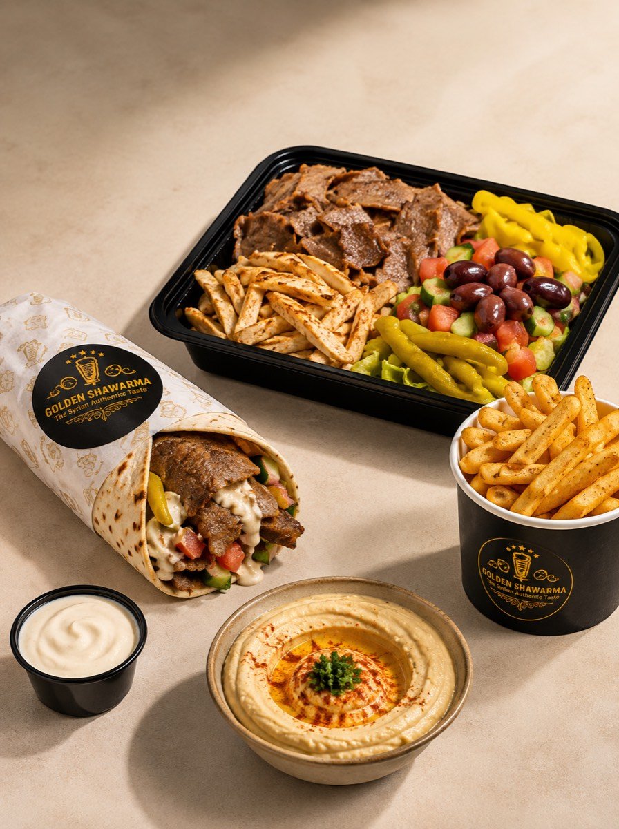 Beef shawarma wrap in Golden Shawarma paper with tahini sauce, lettuce, tomato and onion &mdash; halal shawarma in Richardson, TX