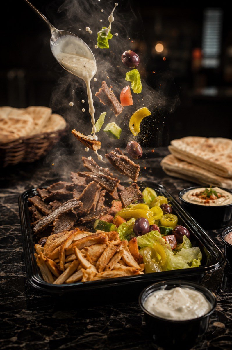 Halal catering tray of beef and chicken shawarma with Arabic salad, olives, hummus and garlic sauce &mdash; Golden Shawarma catering in Richardson, TX