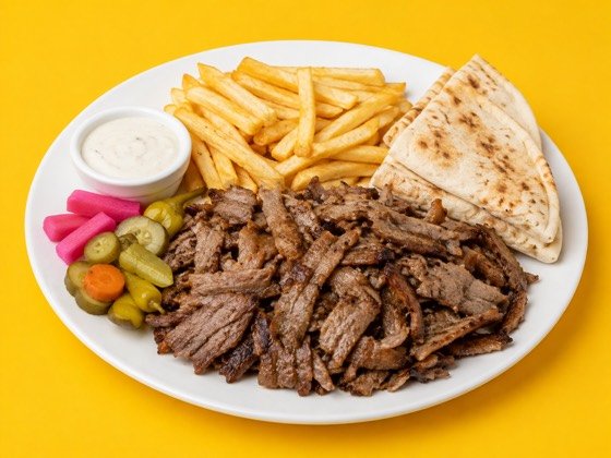 Beef Shawarma with served with fries, pickles and sauce &mdash; halal at Golden Shawarma in Richardson, TX
