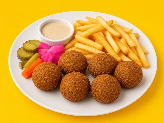 Falafel Arabic Style with falafel, with fries, pickles and sauce &mdash; halal at Golden Shawarma in Richardson, TX