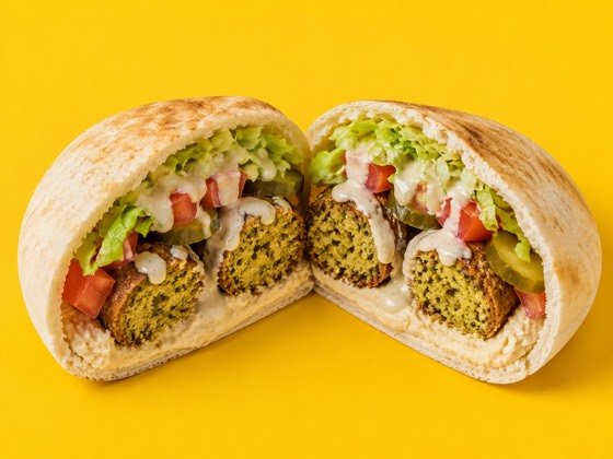 Falafel Sandwich with hummus, pickles, lettuce, tomato, tahini sauce &mdash; halal at Golden Shawarma in Richardson, TX