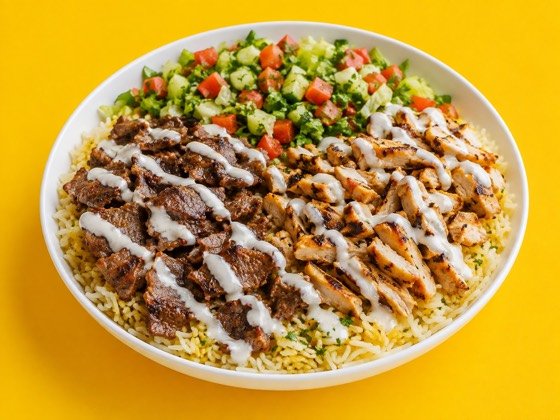 Mix Shawarma Bowl with beef and chicken over rice, with salad and sauce &mdash; halal at Golden Shawarma in Richardson, TX