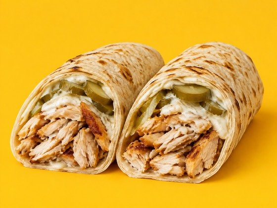 Rotisserie Chicken Wrap with garlic sauce, pickles &mdash; halal at Golden Shawarma in Richardson, TX