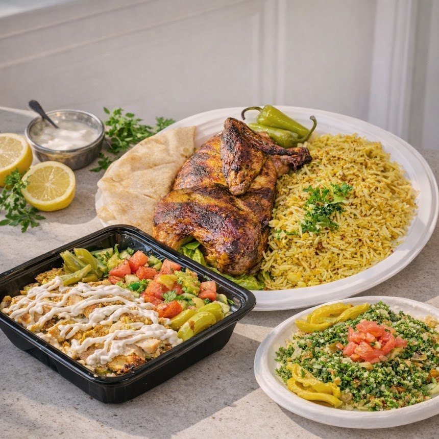 Rotisserie chicken served with seasoned rice, pita and tabbouleh